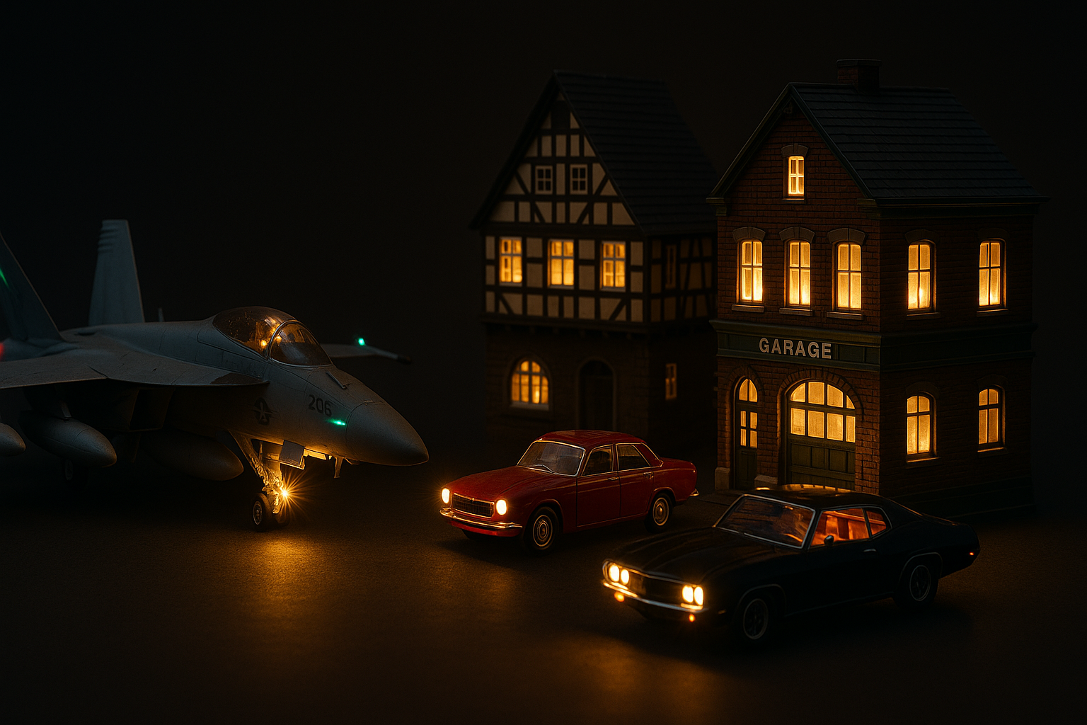 Scale model airplane with professional lighting effects